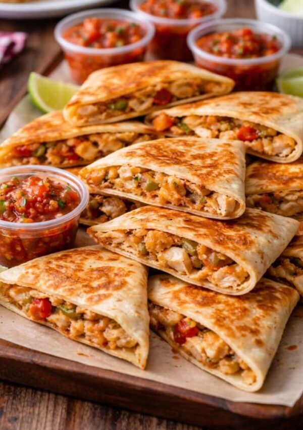 A stack of golden, crispy quesadilla wedges filled with cheese, chicken, and vegetables, served on a wooden board with small cups of salsa and lime wedges on the side.
