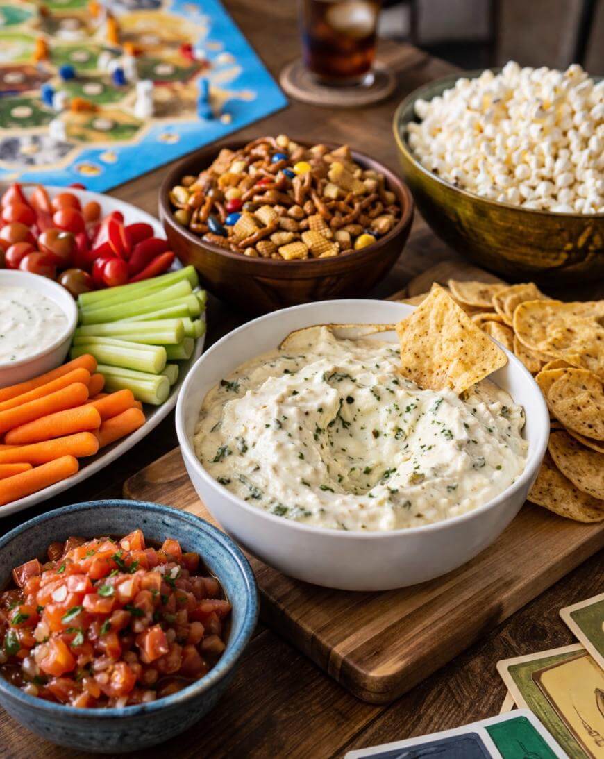 A table with bowls of snacks including veggie sticks with dip, mixed snack mix, popcorn, tortilla chips with spinach dip, and salsa, set beside a board game and playing cards.