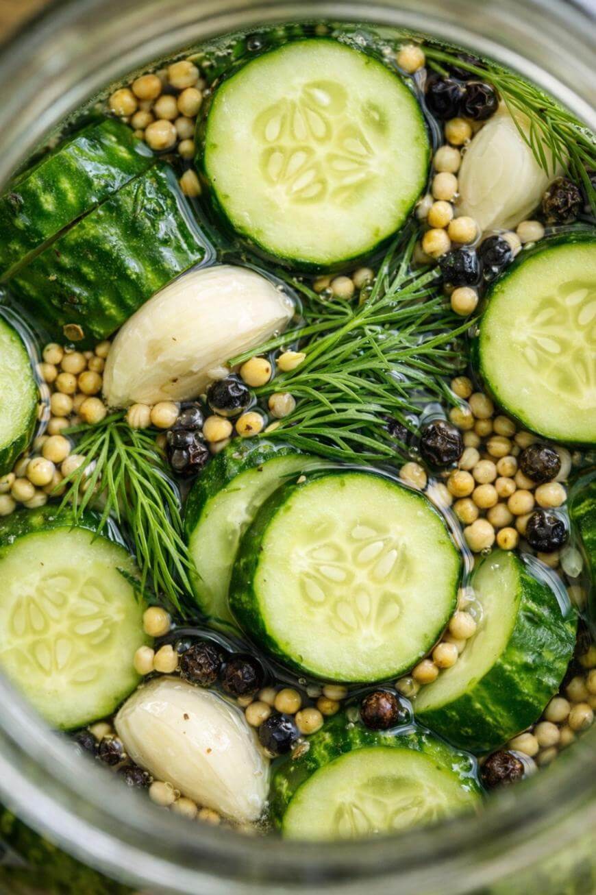 Sliced cucumbers, garlic cloves, dill, mustard seeds, and black peppercorns in a jar, prepared for pickling in brine.