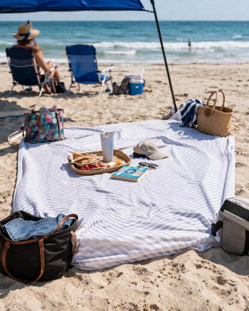 A beach scene with a striped blanket on the sand, holding a book, hat, cup, snacks, and bags. There’s a canopy for shade and the ocean in the background, with a person sitting in a chair facing the water.