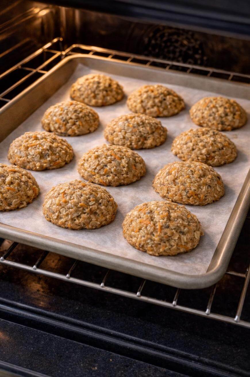 A tray of evenly spaced oatmeal cookies baking in an oven, resting on parchment paper atop a metal baking sheet.