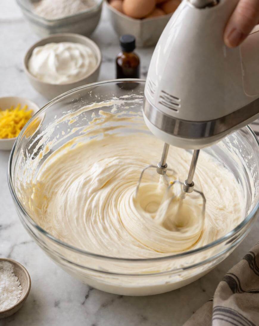 A hand holds an electric mixer blending creamy batter in a glass bowl on a marble countertop, surrounded by ingredients like eggs, flour, lemon zest, and sour cream.