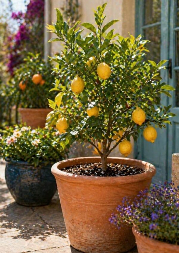 A lemon tree with ripe yellow lemons grows in a large terracotta pot on a sunny patio, surrounded by flowering potted plants and greenery near a blue door.