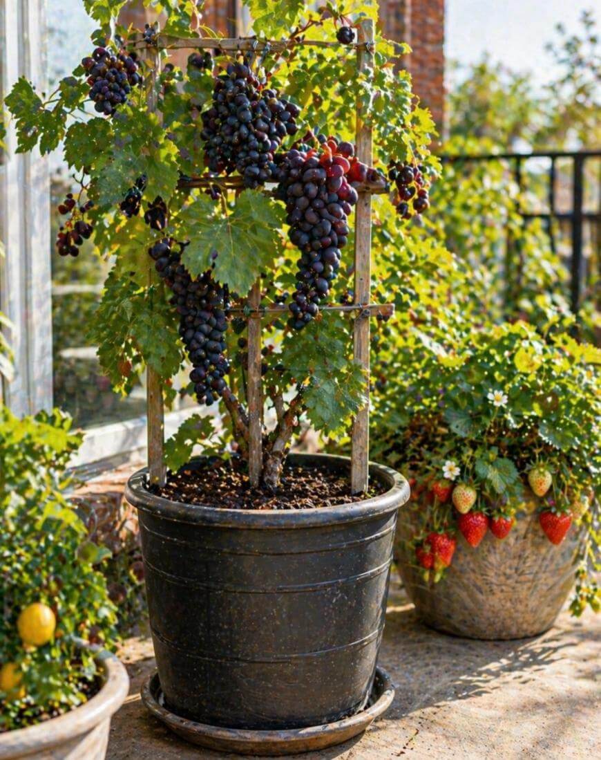 A potted grapevine with clusters of dark grapes grows on a trellis next to pots of strawberries and lemons on a sunny patio.