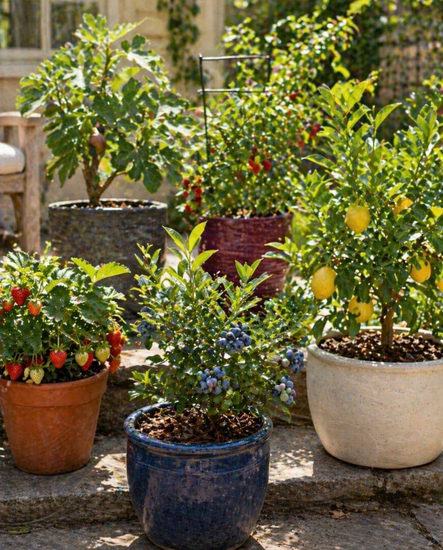 Several potted fruit plants, including strawberries, blueberries, lemons, and tomatoes, are arranged outdoors on a stone surface in sunny weather with green foliage and garden furniture in the background.