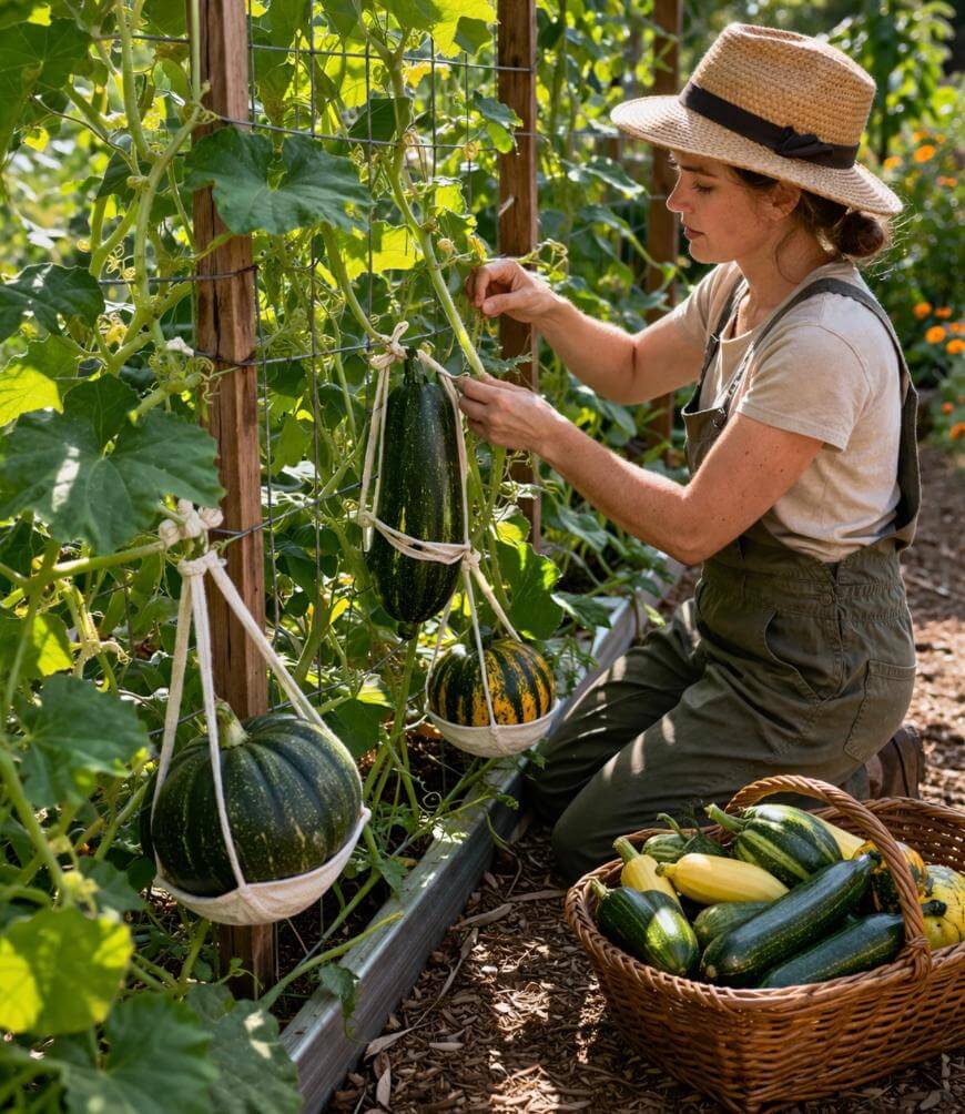A person wearing a straw hat kneels in a garden, tying up large squash or gourds on a trellis. A basket filled with freshly harvested zucchinis and squash sits nearby among lush green plants.