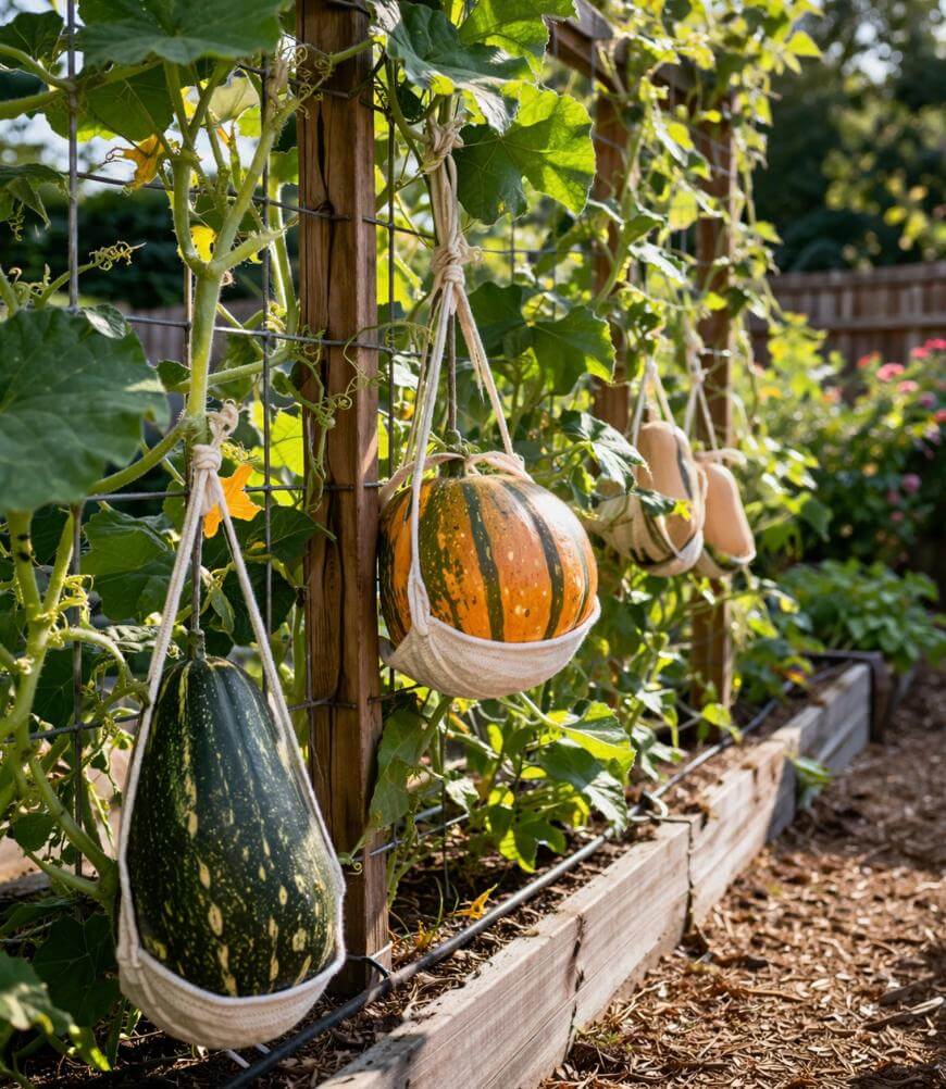 A garden scene shows melons and squash growing on a vertical trellis, each fruit supported by a fabric sling tied to the wooden frame, with leafy green vines and wood mulch in the background.