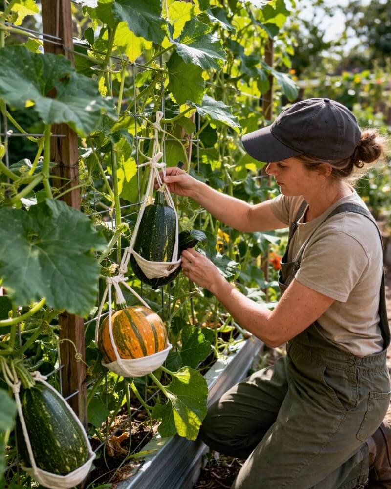 A person wearing overalls and a cap tends to large squash plants growing vertically, supporting the fruit with slings in a garden. The squash are green and orange, and there are lush green leaves around them.