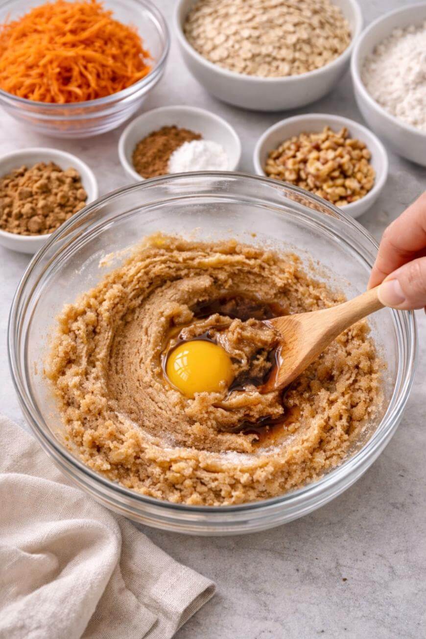 A hand stirs a mixing bowl containing sugar, butter, and an egg with a wooden spoon. Surrounding the bowl are small dishes with grated carrots, oats, flour, walnuts, spices, and baking soda.