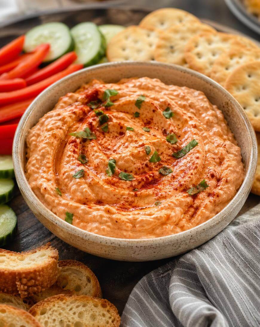 A bowl of creamy dip garnished with chopped herbs and paprika, surrounded by sliced cucumber, red bell pepper, round crackers, and pieces of baguette on a wooden surface.
