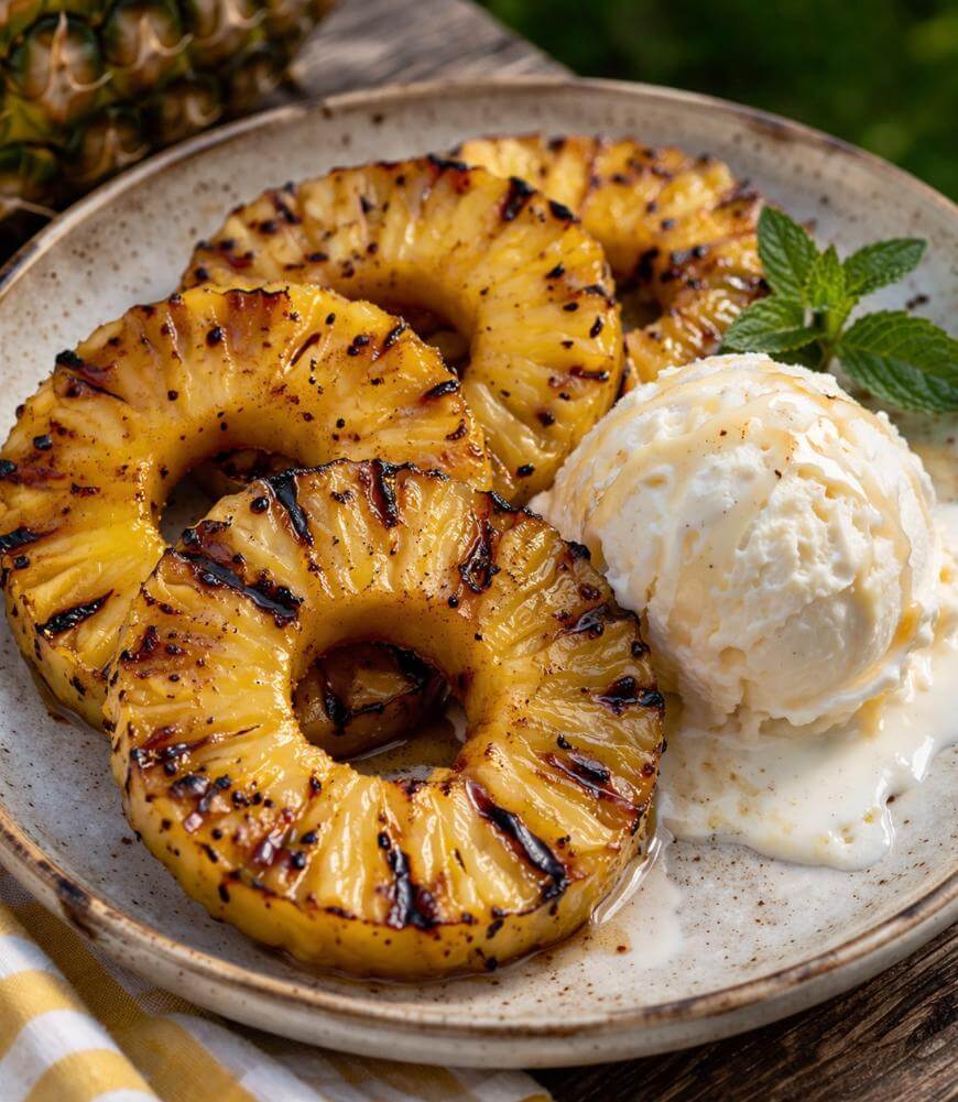 A plate with four grilled pineapple rings next to a scoop of vanilla ice cream, garnished with a sprig of mint, set on a rustic wooden table.