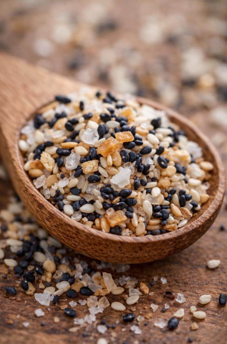 A wooden spoon filled with a blend of black and white sesame seeds, sea salt flakes, and bits of dried garlic and onion, set on a rustic wooden surface with some mix scattered around.