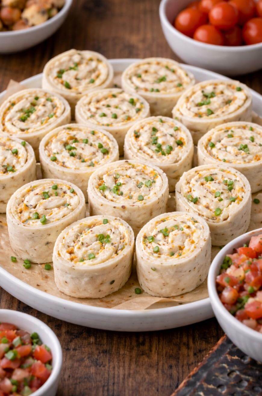A plate of tortilla pinwheels filled with a creamy cheese and herb mixture, garnished with chopped chives. Surrounding bowls contain cherry tomatoes and diced salsa. The scene is set on a rustic wooden table.