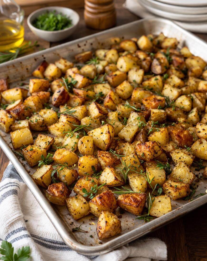 A baking sheet filled with golden, crispy roasted potato cubes garnished with fresh herbs, sitting on a striped towel. In the background are bowls of chopped herbs, olive oil, and stacked white plates.