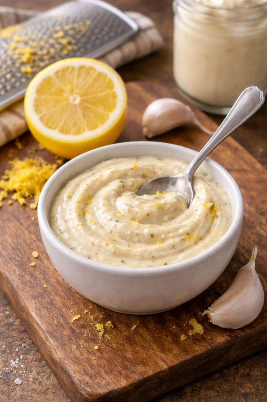 A bowl of creamy aioli with a spoon, garnished with lemon zest, sits on a wooden board next to a halved lemon, garlic cloves, a grater, and a jar of more aioli in the background.