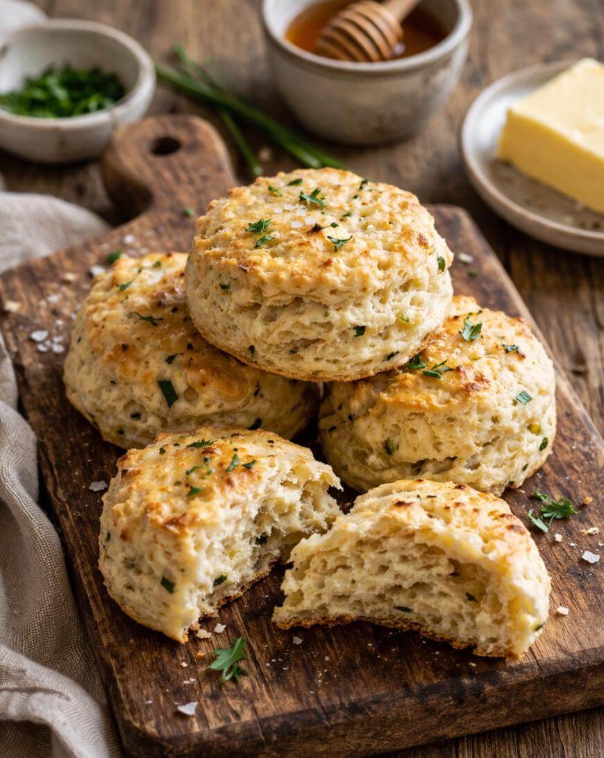 Freshly baked herb biscuits stacked on a rustic wooden board, sprinkled with chopped herbs and coarse salt. A biscuit in front is split open, showing a fluffy inside. Butter, honey, and herbs are in bowls nearby.