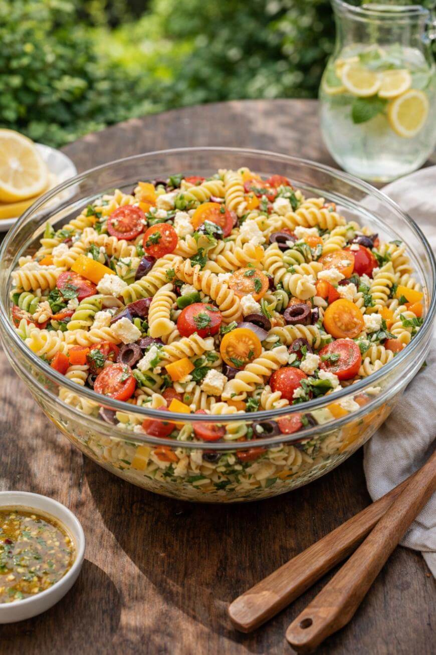 A large glass bowl filled with colorful pasta salad, including rotini, cherry tomatoes, olives, bell peppers, and herbs, sits on a wooden table outdoors with lemon water and dressing nearby.