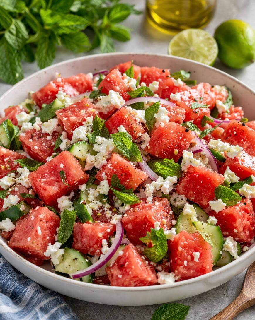 A bowl of watermelon salad with cubes of watermelon, cucumber, crumbled feta cheese, red onion slices, and fresh mint leaves, garnished with black pepper. Limes, mint, and olive oil are in the background.
