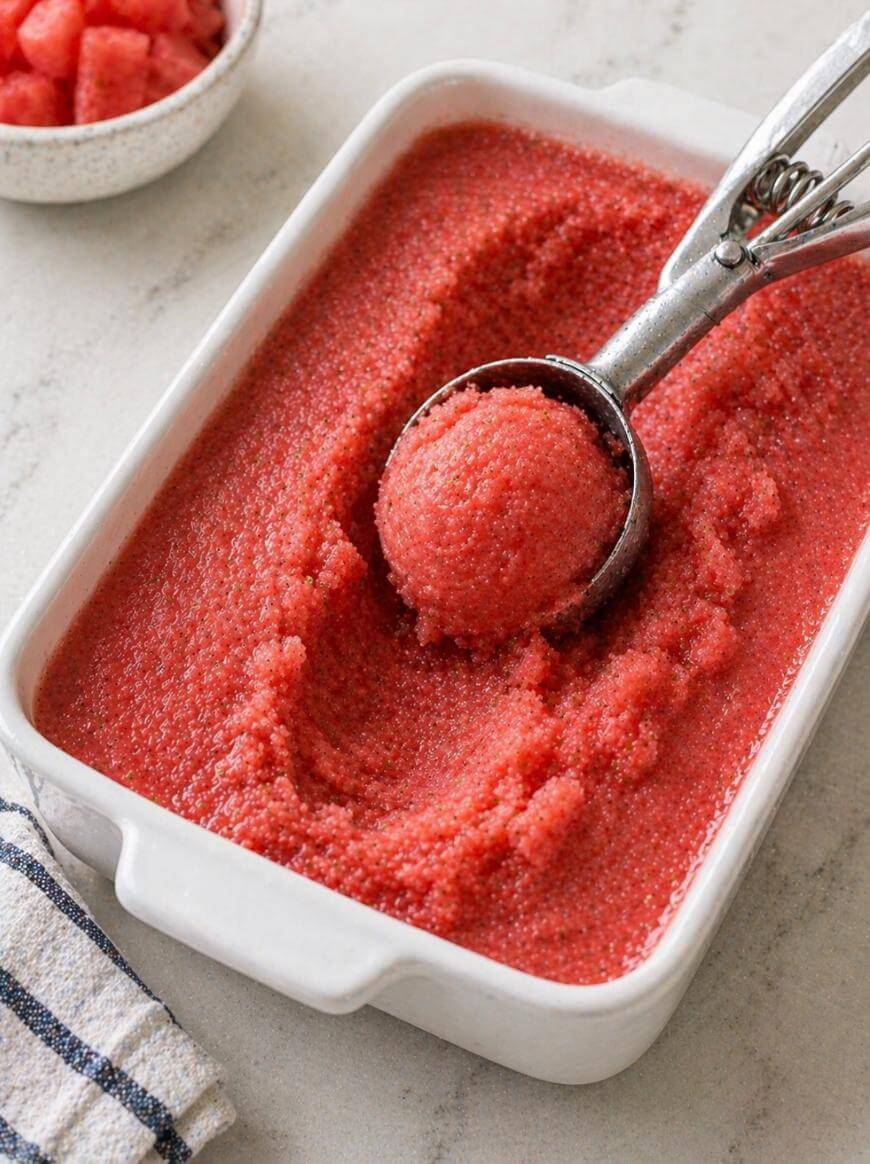 A metal ice cream scoop holds a ball of red watermelon granita in a white rectangular dish, with a bowl of watermelon chunks and a striped towel nearby on a light countertop.