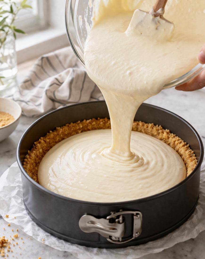 A person pours creamy cheesecake batter from a glass bowl into a round springform pan lined with a graham cracker crust on a marble countertop.