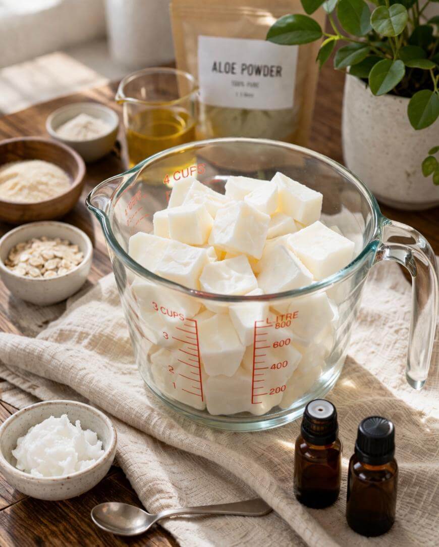 A glass measuring cup filled with white chunks sits on a table surrounded by small bowls of natural ingredients, two amber essential oil bottles, and a plant in the background.