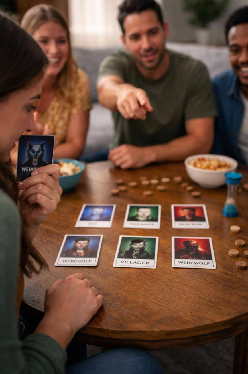 Four people are sitting around a table playing a card game, with cards and tokens spread out. One person holds a Werewolf card, while another points and everyone appears engaged and cheerful. Snacks are on the table.