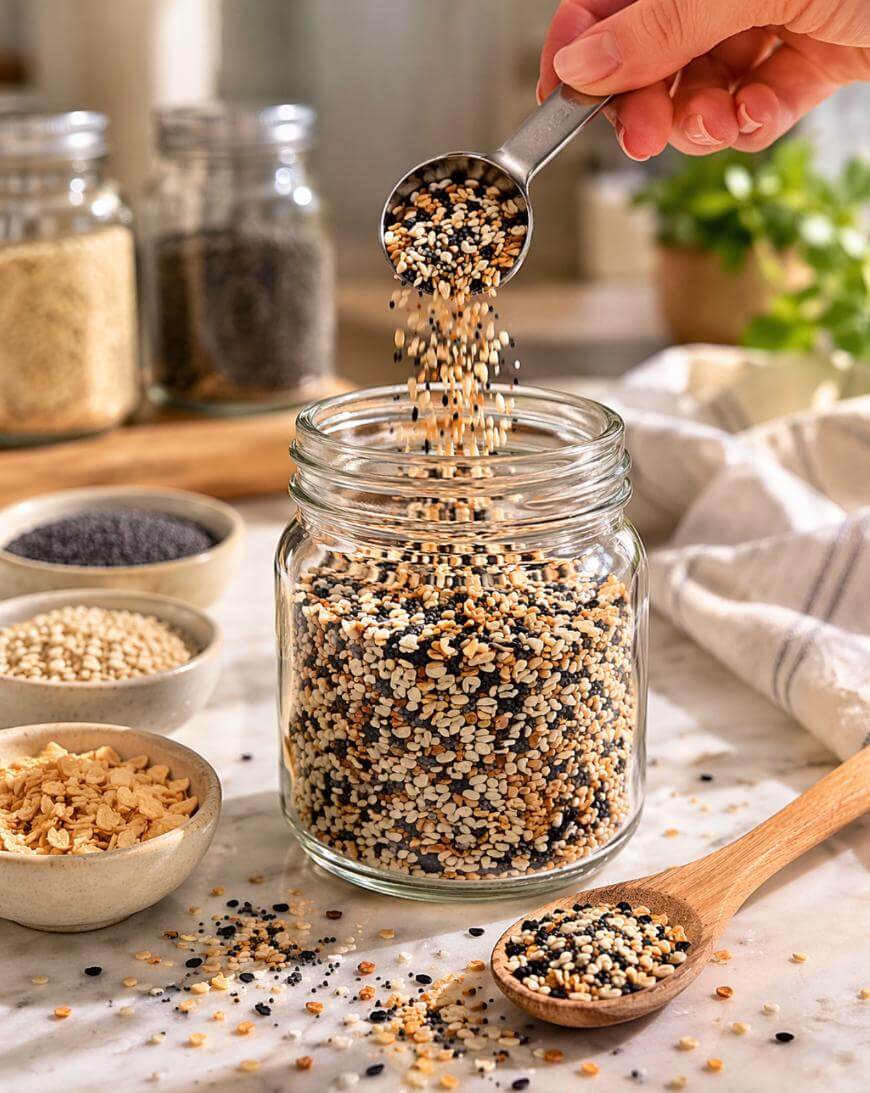 A hand pours a spoonful of mixed seeds and seasonings into a glass jar on a kitchen counter, surrounded by small bowls of ingredients and utensils.