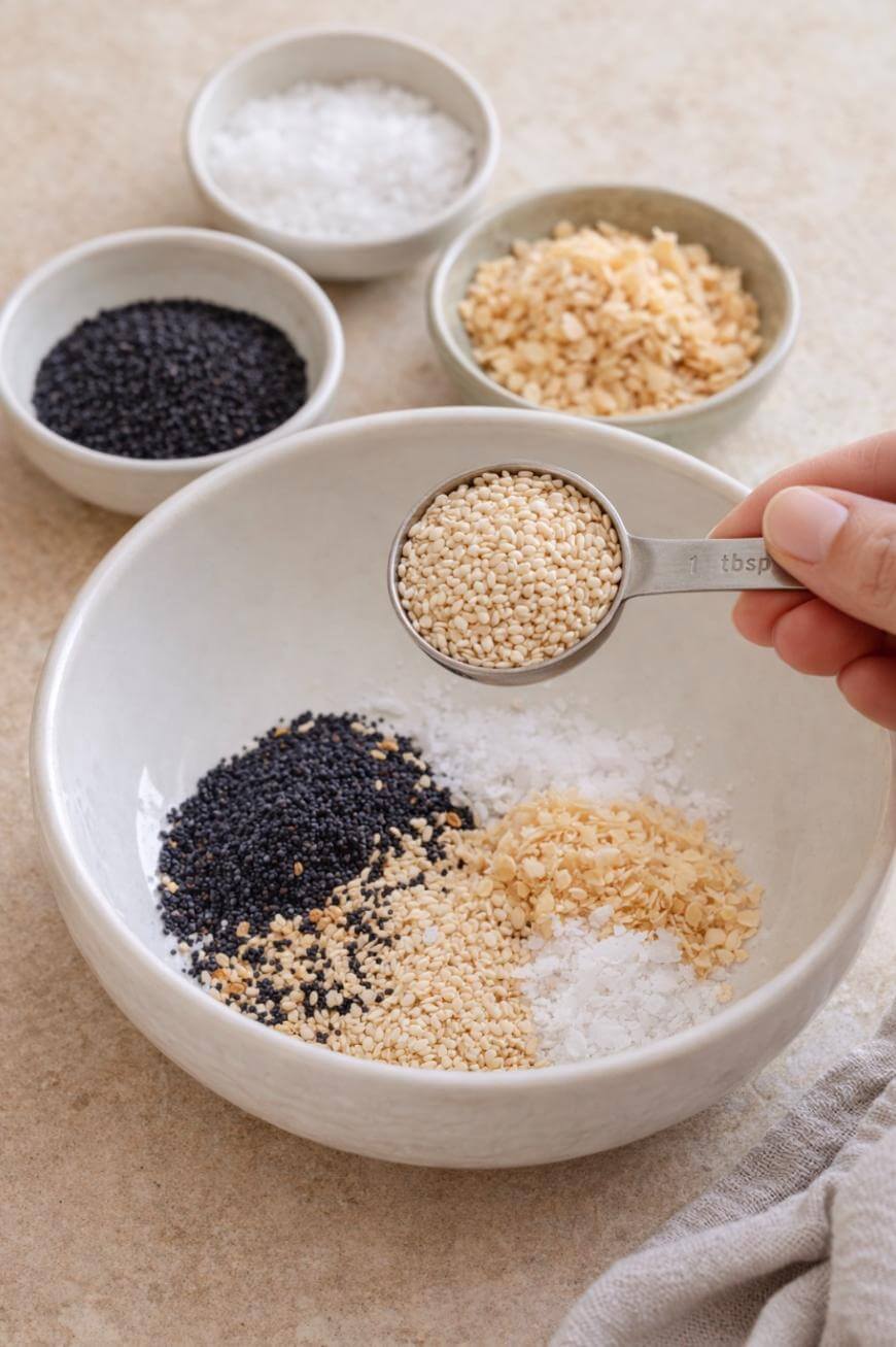 A hand holds a tablespoon of white sesame seeds over a bowl containing black sesame seeds, dried minced garlic, and coarse salt. Three small bowls with similar ingredients are in the background.