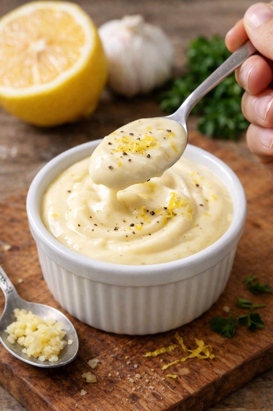 A hand holds a spoonful of creamy aioli above a small white ramekin, garnished with black pepper and lemon zest. A cut lemon, garlic, chopped parsley, and minced garlic sit on a wooden surface nearby.