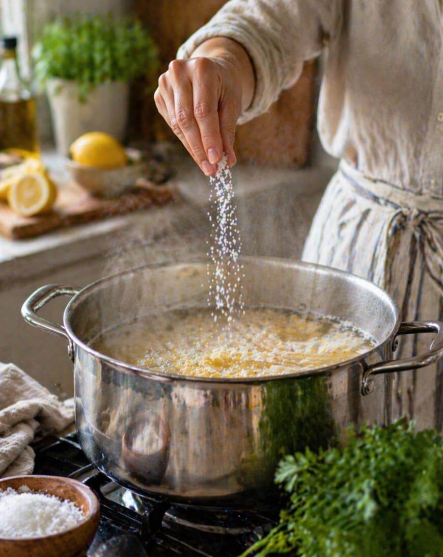 A person sprinkles salt into a large pot of boiling food on a stove. Fresh herbs, a lemon, salt, and kitchen items are visible on the counter in a warmly lit kitchen.