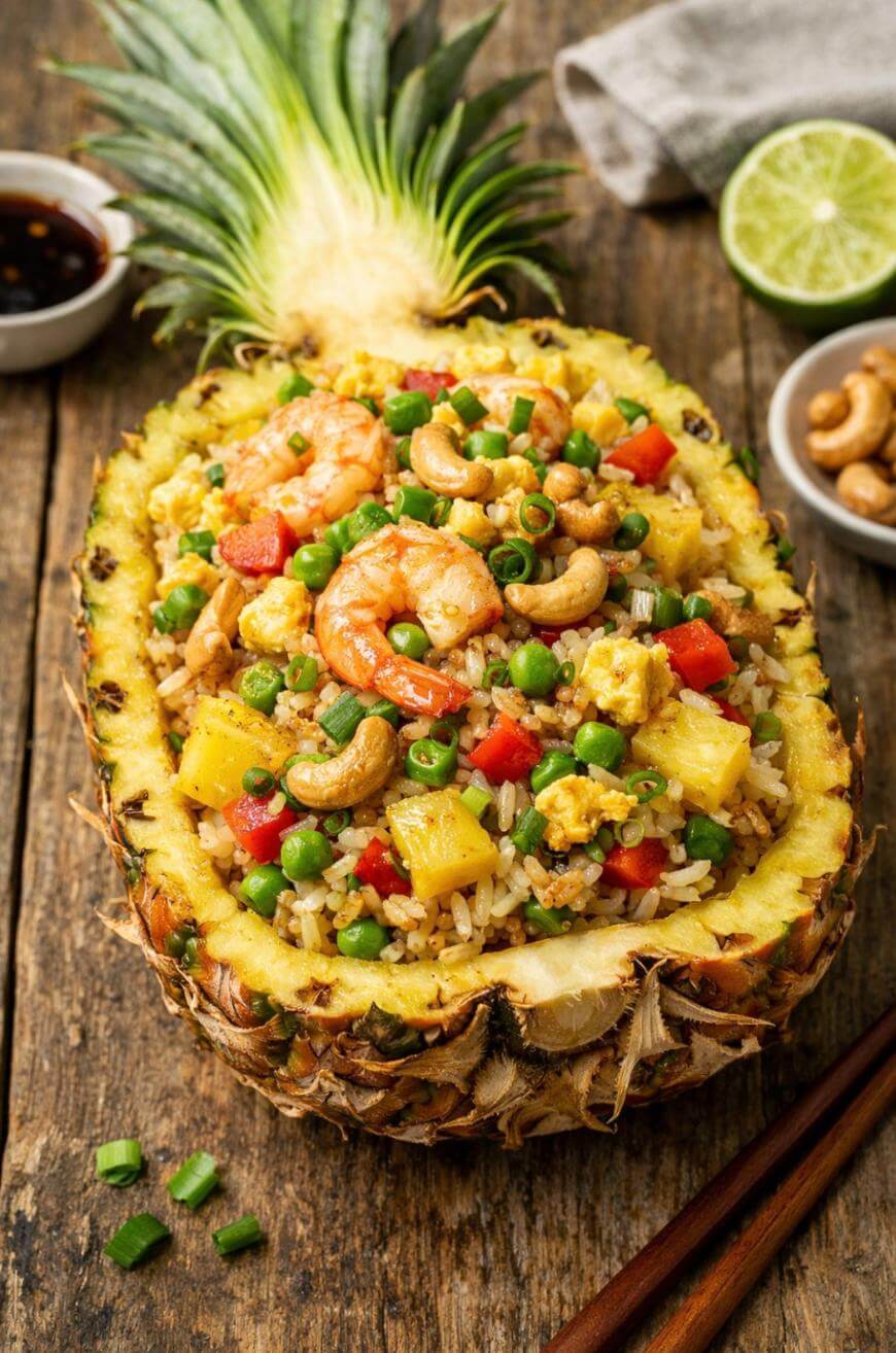 A halved pineapple filled with fried rice, shrimp, peas, red bell peppers, pineapple chunks, scrambled eggs, cashews, and green onions. A lime, cashews, sauce, and chopsticks are on the wooden table nearby.