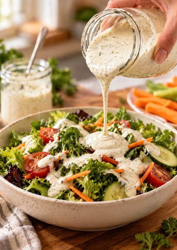 A hand pours creamy ranch dressing from a jar onto a fresh salad with lettuce, tomato, cucumber, and carrot slices in a bowl. A jar of dressing, vegetables, and a towel are visible in the background.