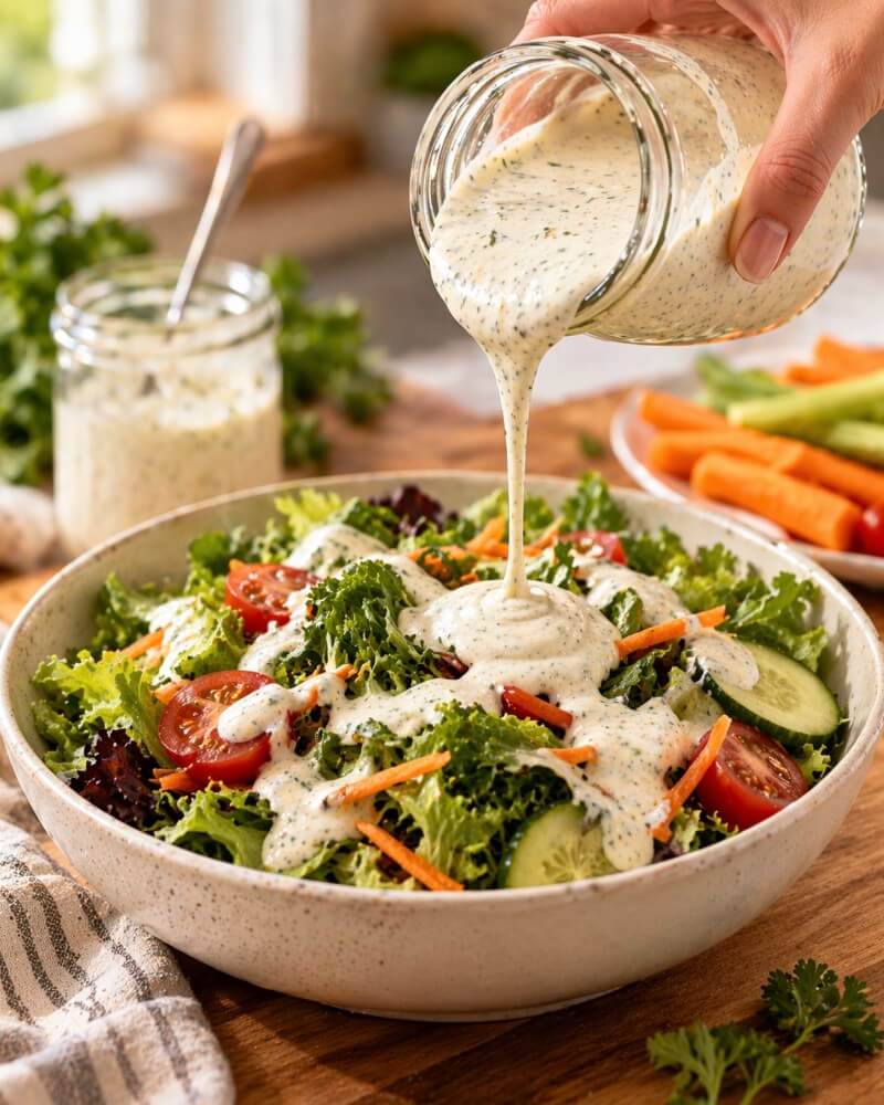 A hand pours creamy ranch dressing from a jar onto a fresh salad with lettuce, tomato, cucumber, and carrot slices in a bowl. A jar of dressing, vegetables, and a towel are visible in the background.
