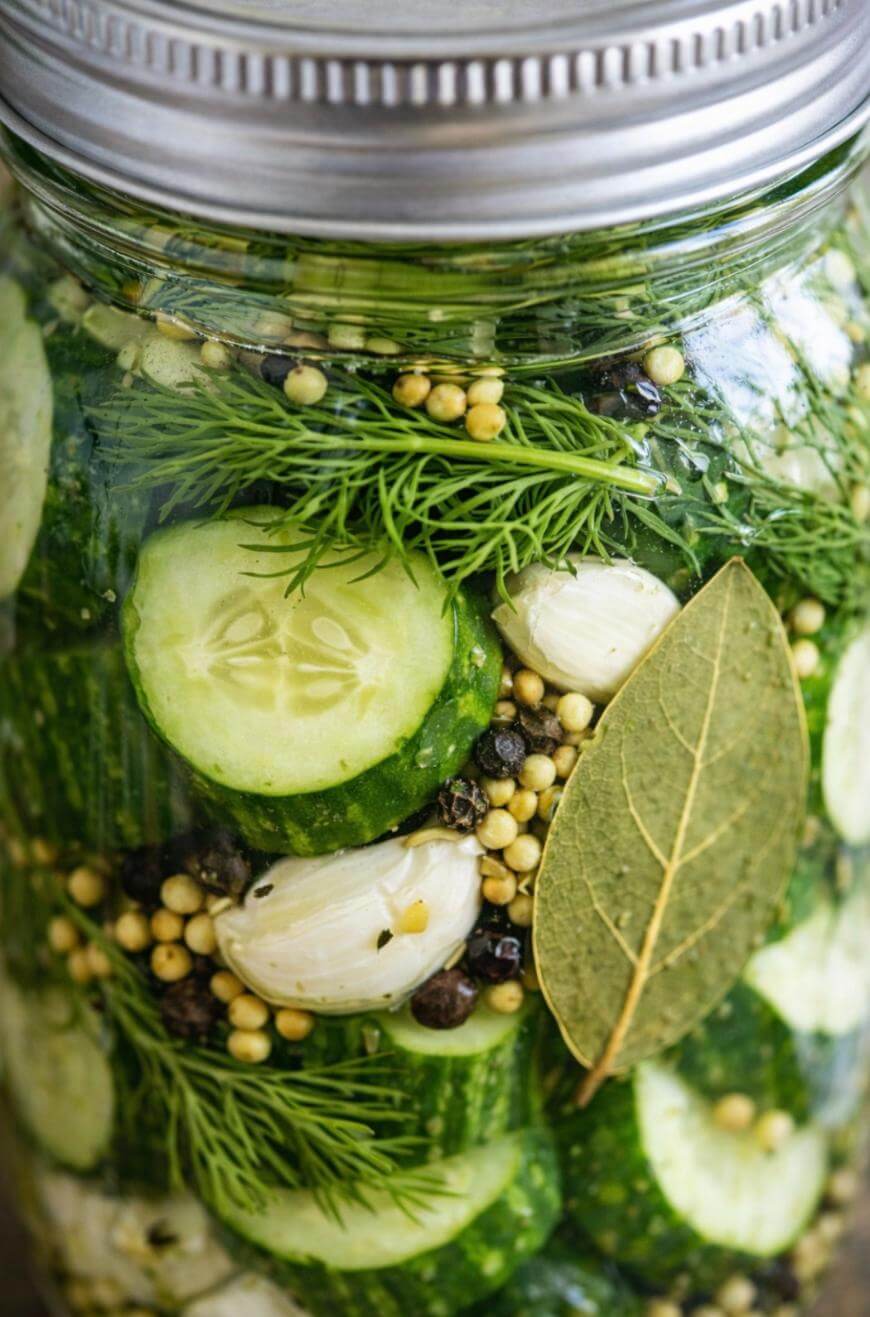 A close-up of a glass jar filled with sliced cucumbers, fresh dill, garlic cloves, peppercorns, mustard seeds, and a bay leaf, all packed together for pickling.