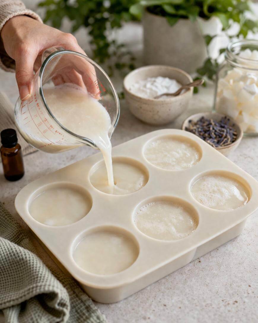 A hand pours a milky liquid from a glass measuring cup into a round mold. Nearby are bowls with white powder, dried lavender, white cubes, a small amber bottle, a towel, and green plants in the background.