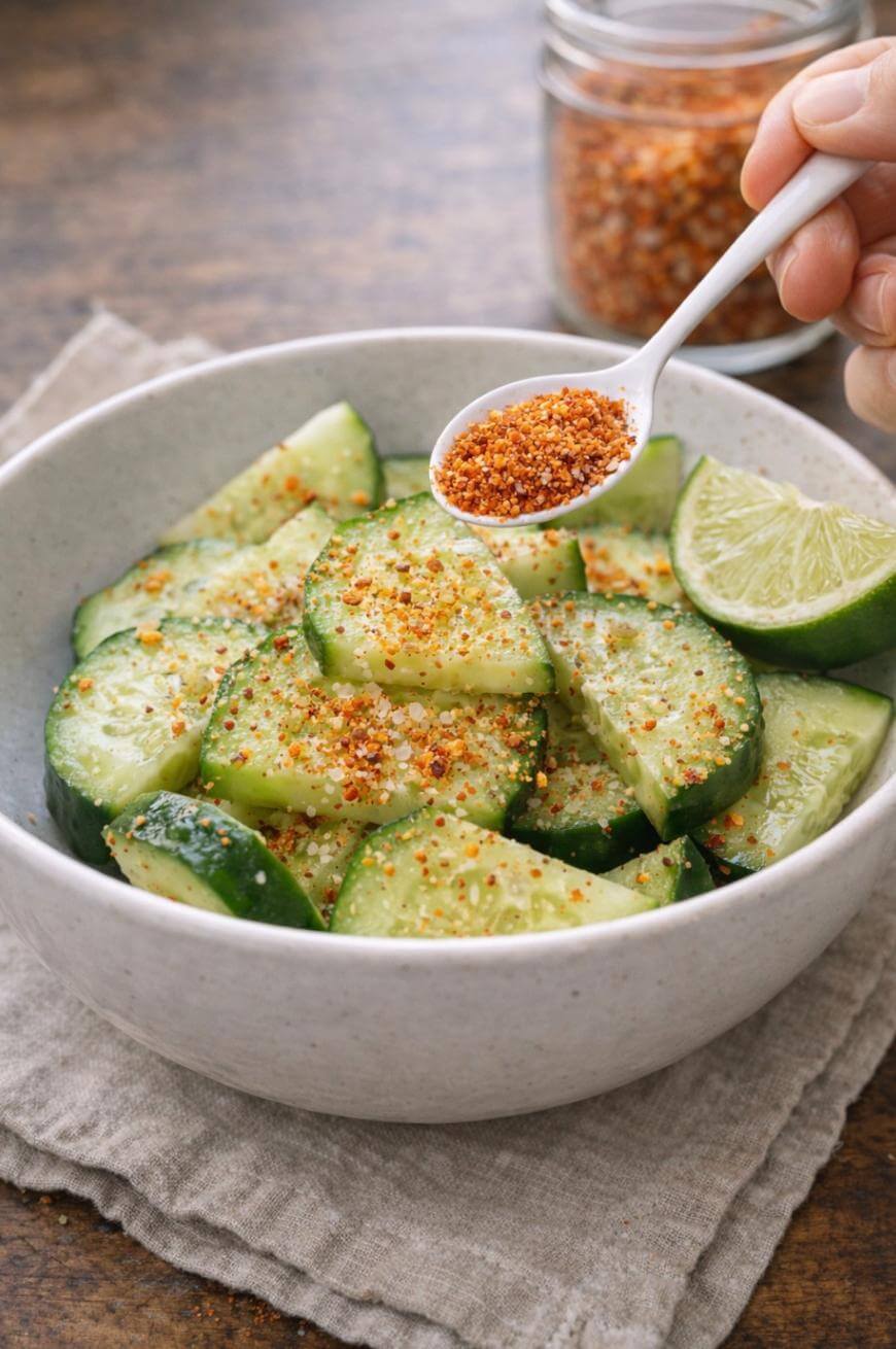 A hand sprinkles chili seasoning from a spoon onto sliced cucumbers in a white bowl with lime wedges beside them; a jar of seasoning is visible in the background.