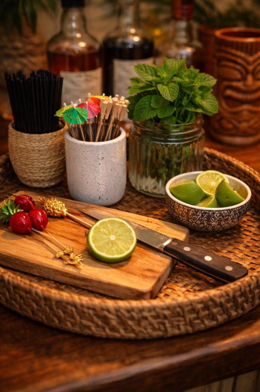 A woven tray holds a cutting board with a sliced lime, a knife, cocktail picks with cherries, a bowl of lime wedges, a jar of fresh mint, drink stirrers, and bottles in the background.