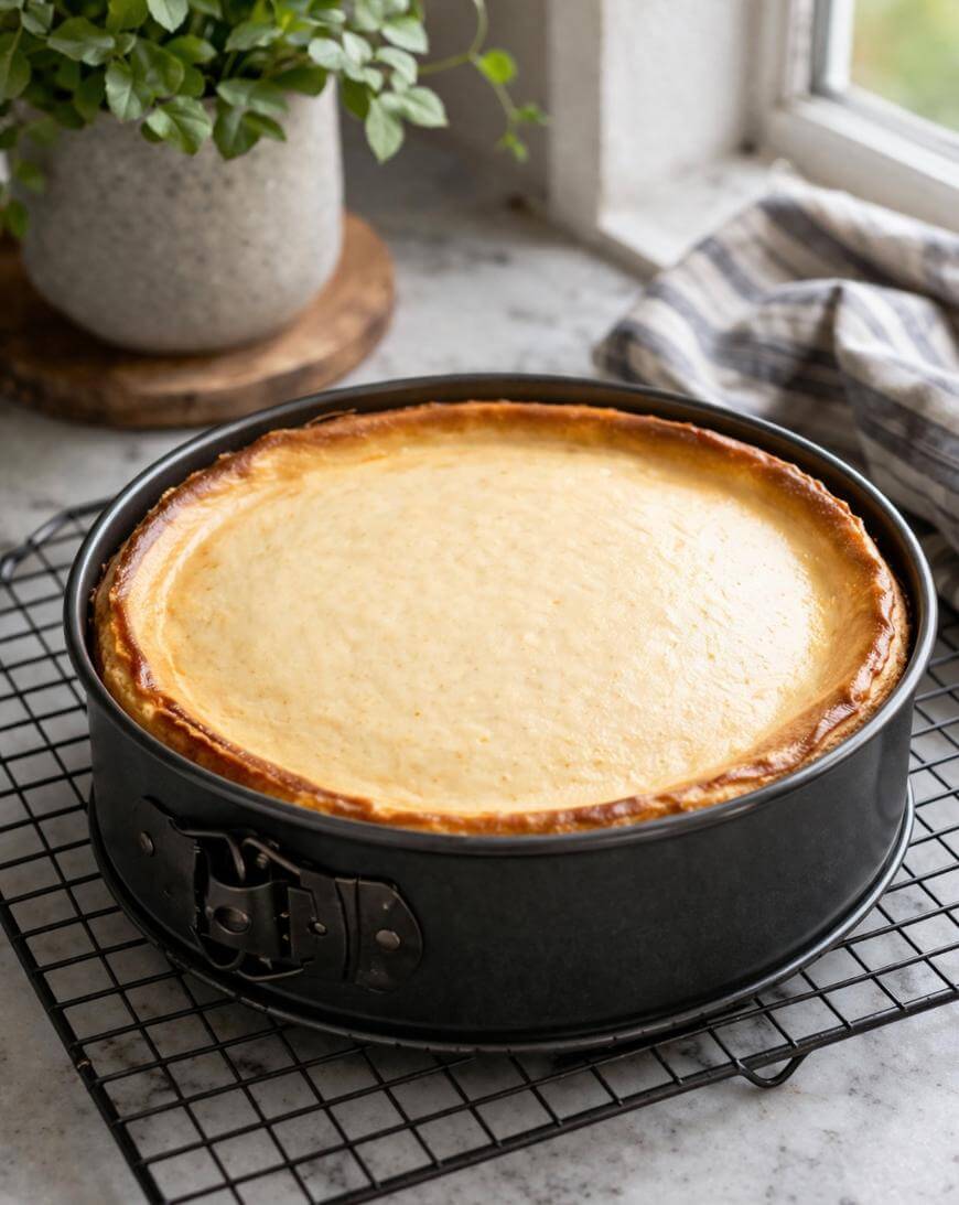 A freshly baked cheesecake in a round springform pan rests on a cooling rack. There is a potted plant, a checkered cloth, and sunlight coming through a nearby window in the background.