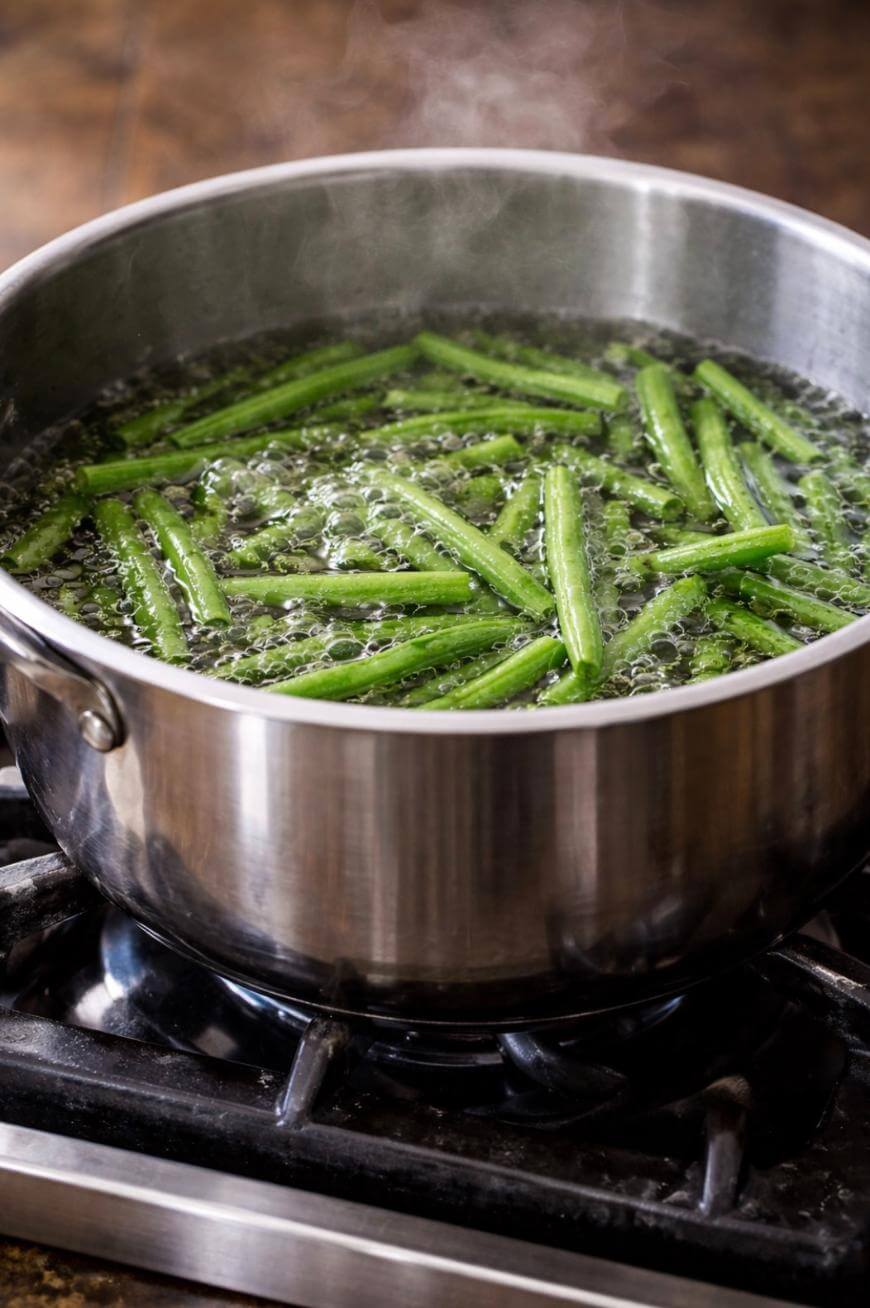 Green beans are being boiled in a stainless steel pot filled with water on a stovetop, with steam rising from the surface.