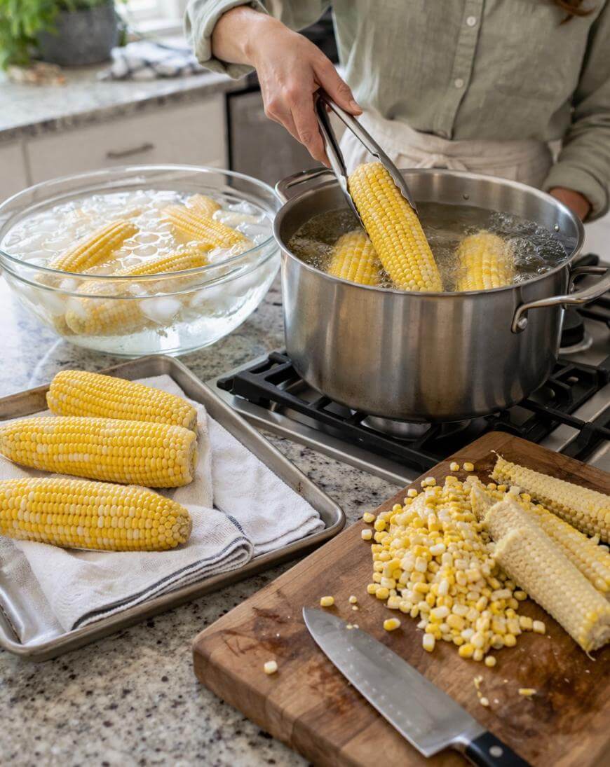 A person uses tongs to place an ear of corn into a pot of boiling water on a stove; nearby are bowls of corn, corn on a tray, and a cutting board with a knife and cut corn kernels.