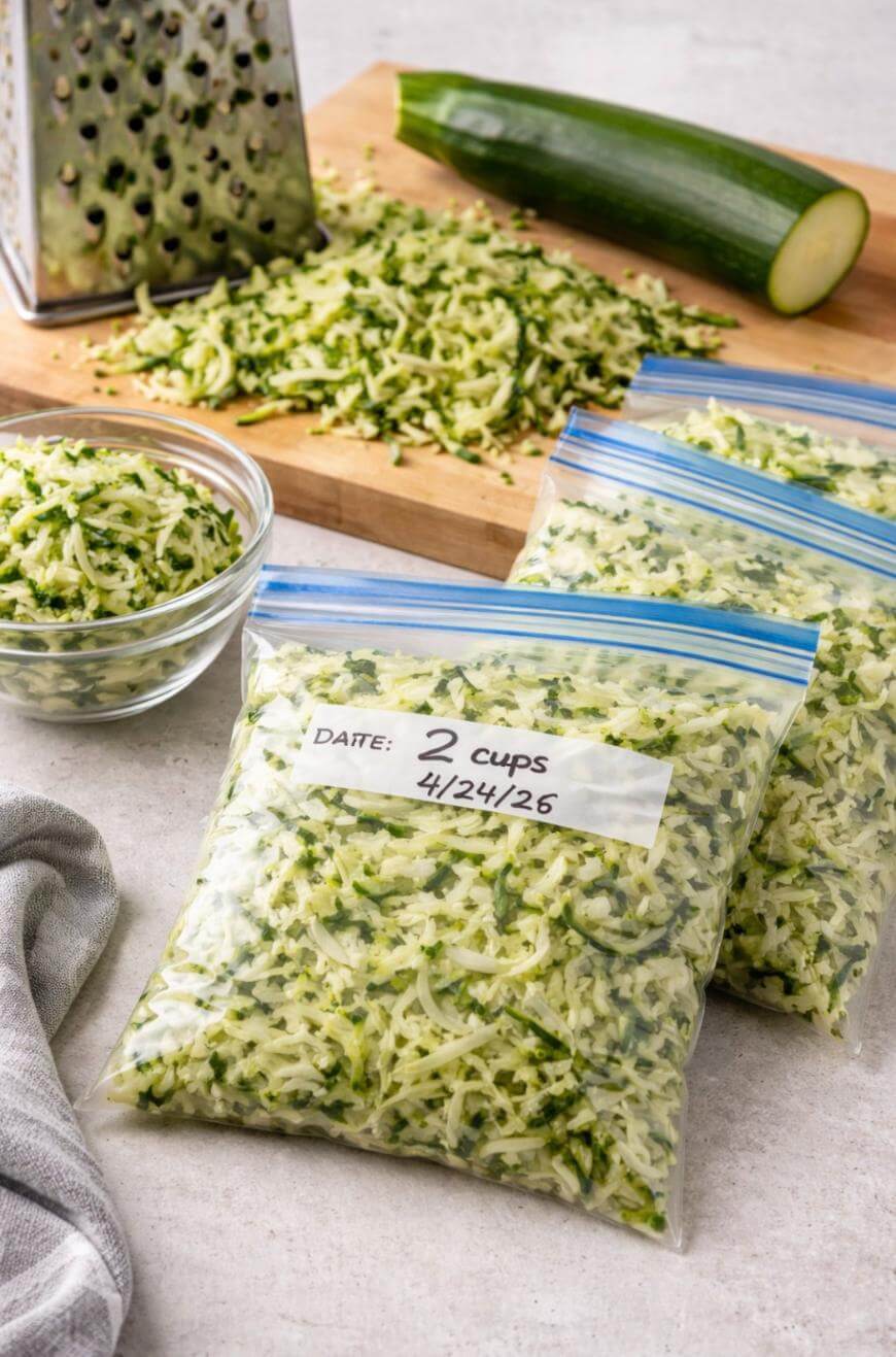 Two bags of shredded zucchini labeled “2 cups, 4/24/25” sit on a countertop. Nearby are a bowl of shredded zucchini, a grater, a kitchen towel, and a partially grated zucchini on a wooden cutting board.