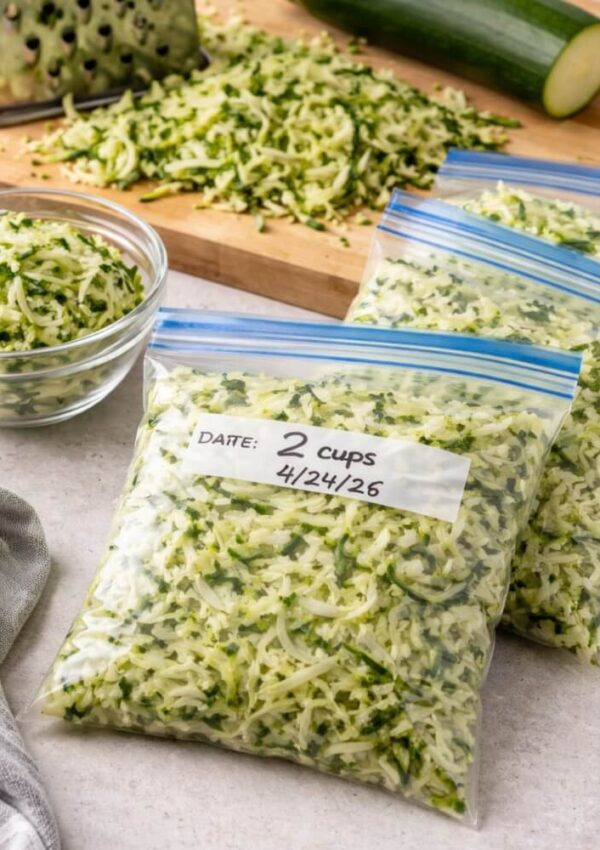 Two labeled freezer bags filled with shredded zucchini sit on a counter next to a glass bowl of more shredded zucchini, a grater, a halved zucchini, and a wooden cutting board in the background.