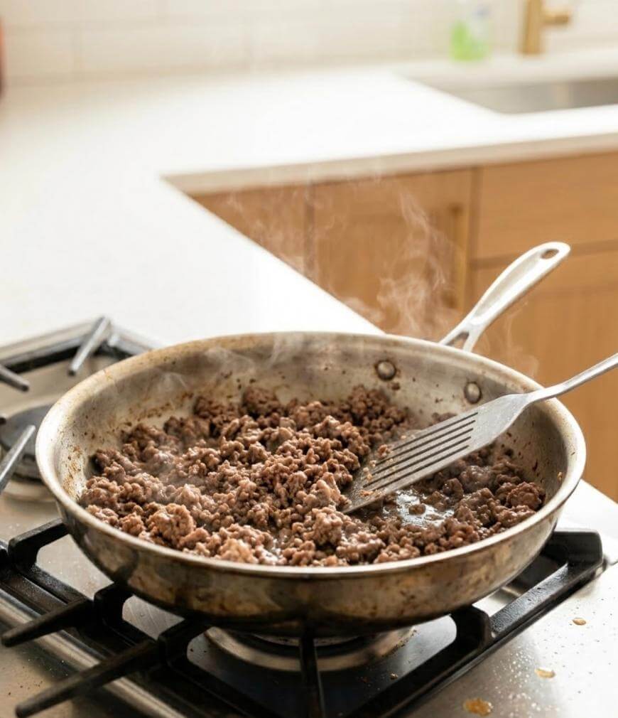 Ground beef is being cooked in a stainless steel skillet on a stove. A metal spatula rests in the pan, with steam rising from the browned meat. The kitchen counter and sink are visible in the background.