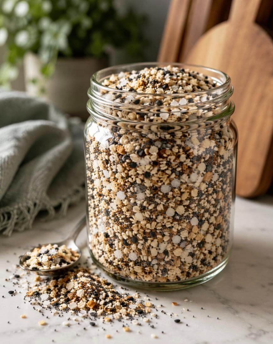 A glass jar filled with everything bagel seasoning sits on a countertop, with some seasoning spilled beside it and a spoon resting nearby; a towel and cutting boards are in the background.