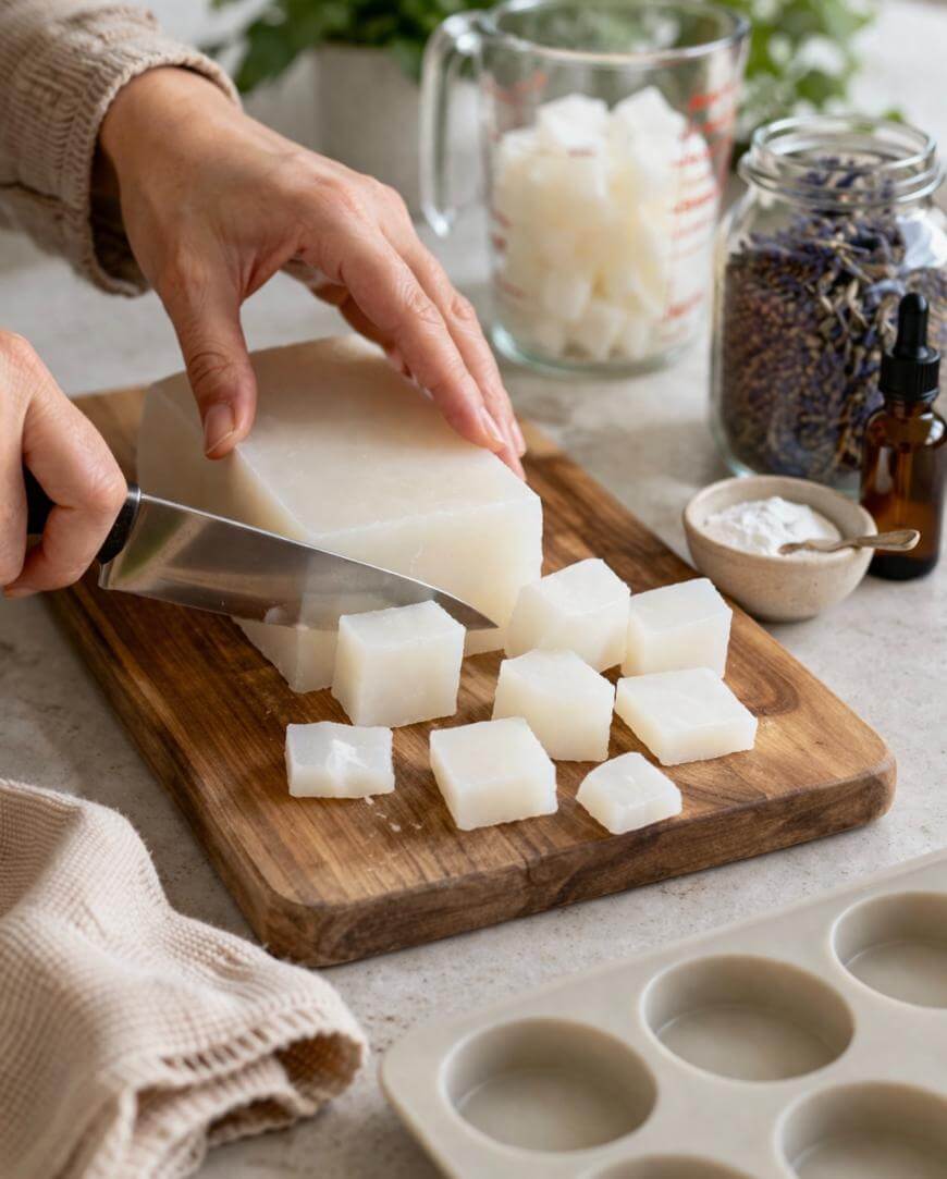 A person slices a large white soap block into small cubes on a wooden cutting board. Nearby are a towel, a muffin mold tray, a bowl of powder, a jar of dried lavender, and a measuring cup with soap cubes.