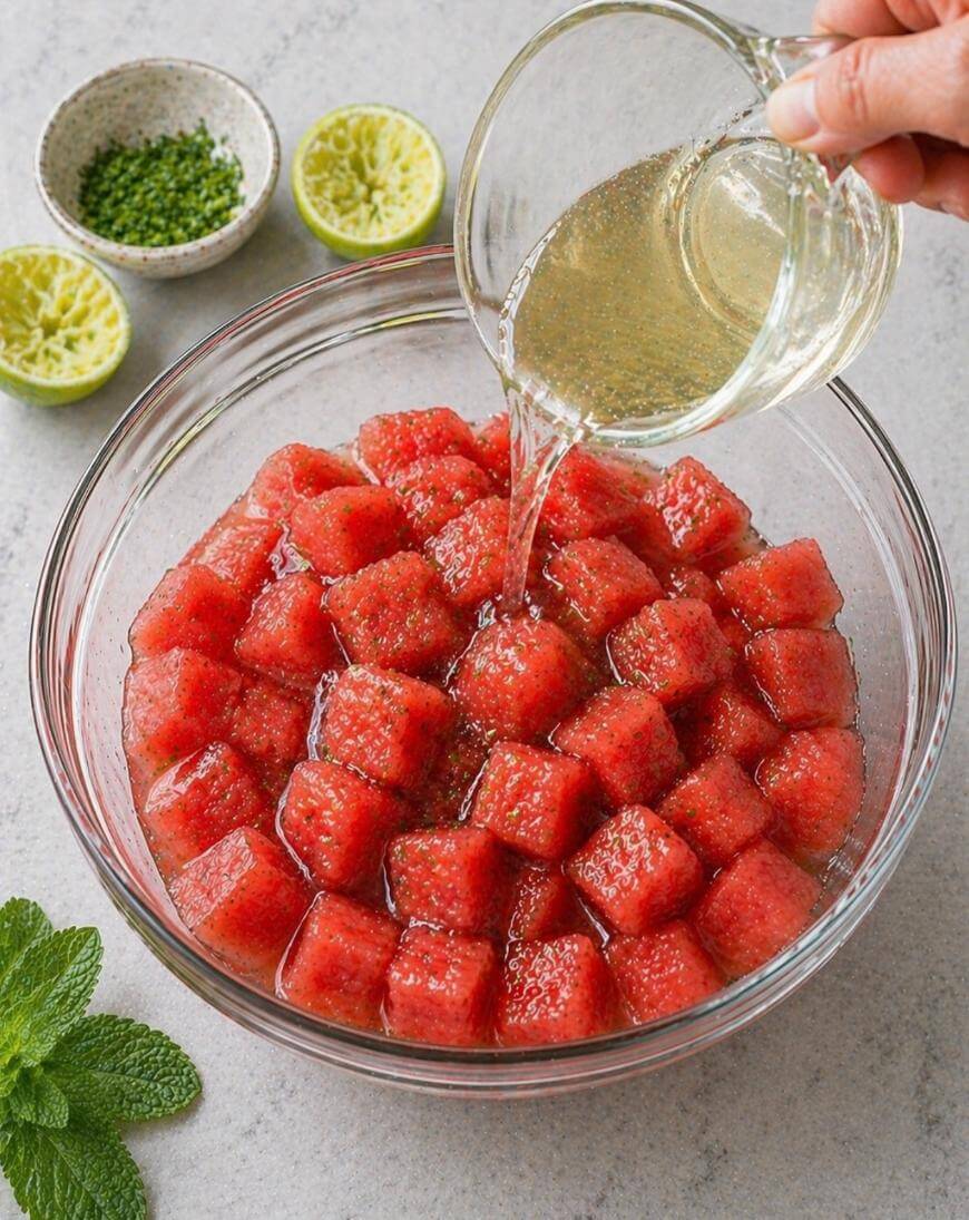 A hand pours liquid from a glass measuring cup over a bowl of watermelon cubes. Sliced limes, chopped herbs, and mint leaves are on the table in the background.