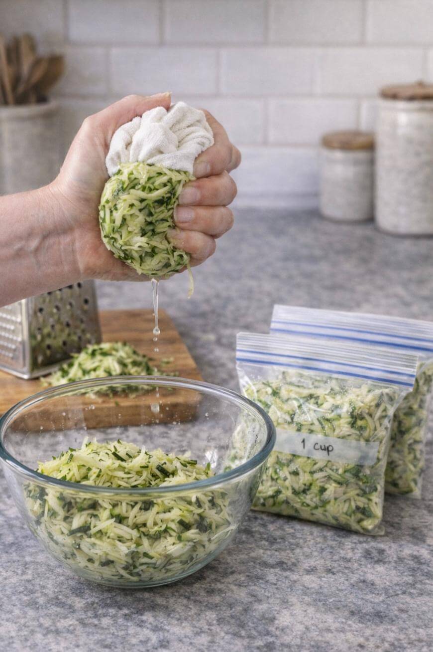 A hand squeezes shredded zucchini in a cloth over a glass bowl to remove excess liquid. Grated zucchini, a box grater, and labeled freezer bags filled with shredded zucchini are on the countertop.