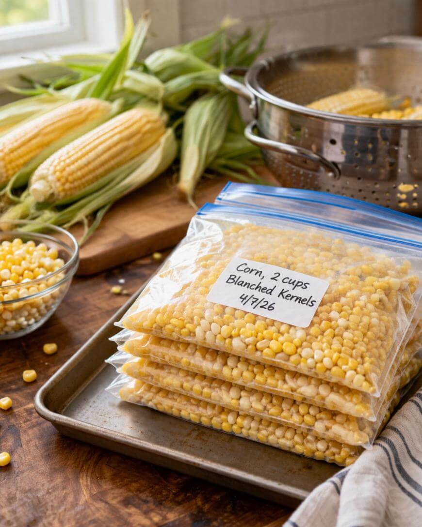 Four labeled freezer bags filled with blanched corn kernels sit on a baking sheet. Fresh corn, a bowl of kernels, and a colander with husked corn are on a wooden counter in the background.