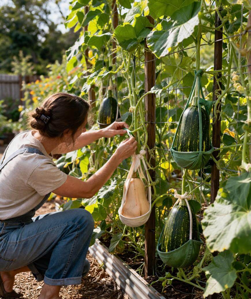 A person kneels in a garden, tying a vine to a trellis where large squash and gourds are growing, some supported by fabric slings to prevent them from falling. Lush green leaves surround the vegetables.