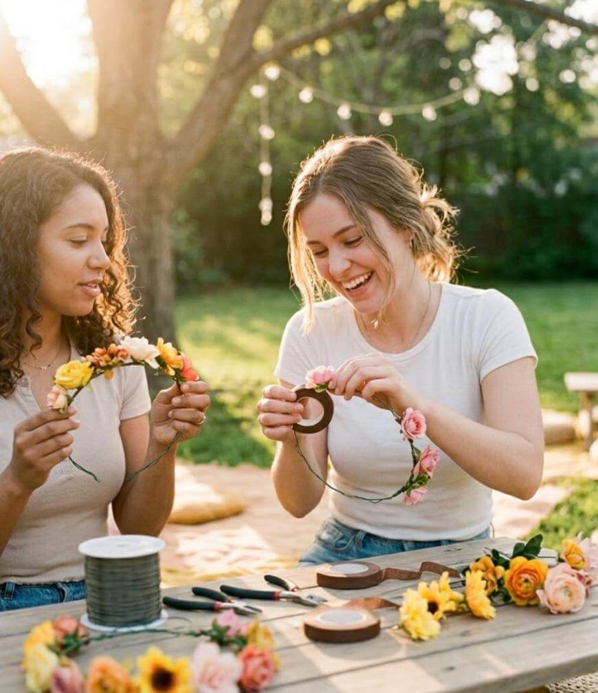 Two women sit at an outdoor table making colorful flower crowns with fresh flowers and craft supplies. They are smiling and enjoying the sunny day in a garden setting, with string lights and trees in the background.
